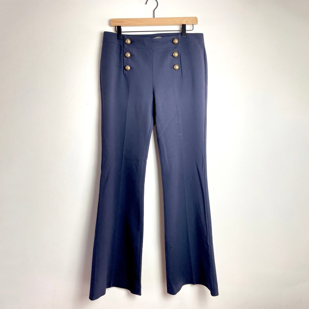 Express Flare Sailor Pants Sz 8 Navy Blue Brass Button High Rise‎ Trousers